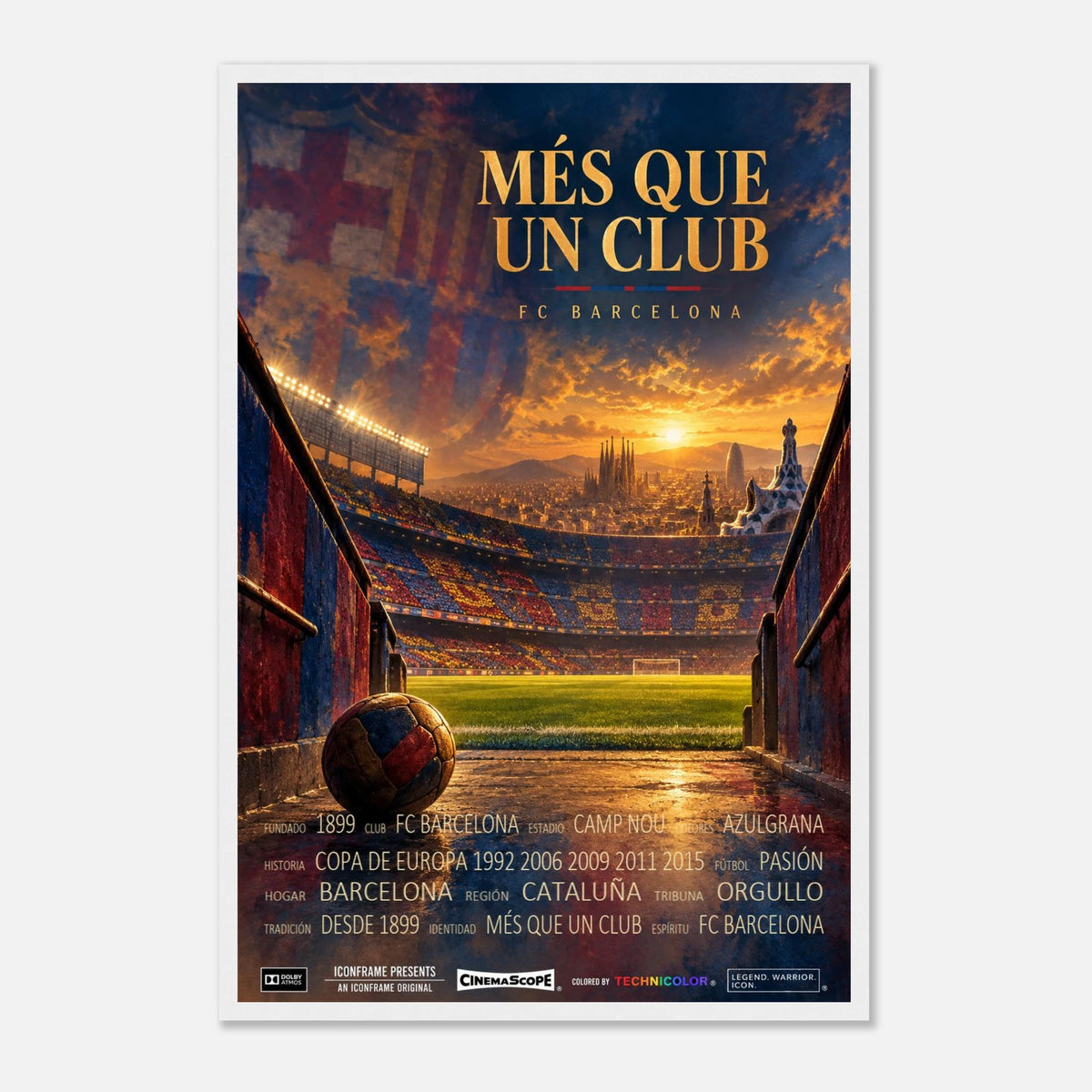 FC Barcelona Poster „Més que un club“ – 40 × 60 cm, mit weißem Holzrahmen vor hellem Hintergrund