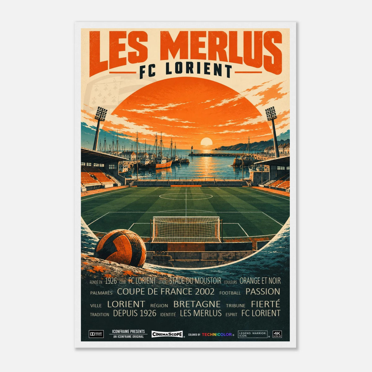 FC Lorient Poster „Les Merlus“ – 40 × 60 cm, mit weißem Holzrahmen