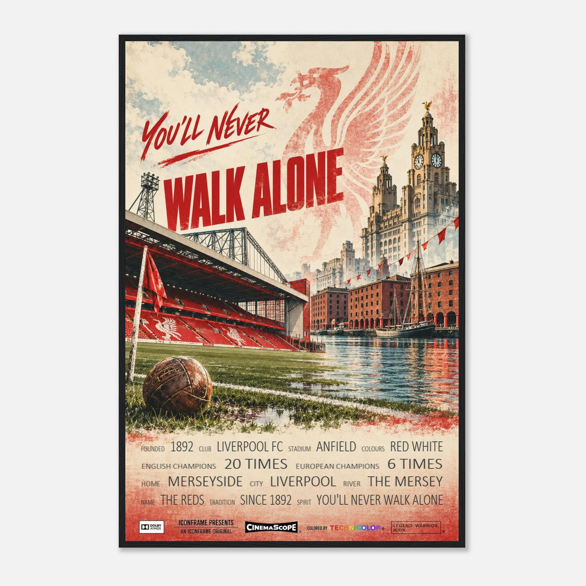 Liverpool Poster „You'll Never Walk Alone“ – 60 × 90 cm, mit schwarzem Holzrahmen vor hellem Hintergrund