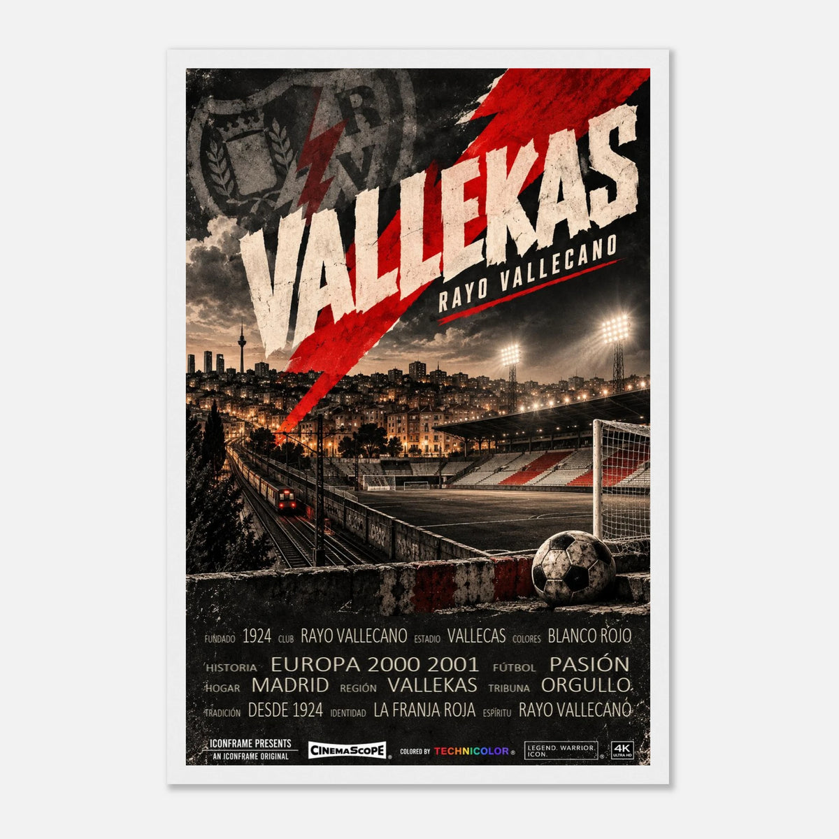 Rayo Vallecano Poster „Vallekas“ – 30 × 45 cm, mit weißem Holzrahmen vor hellem Hintergrund