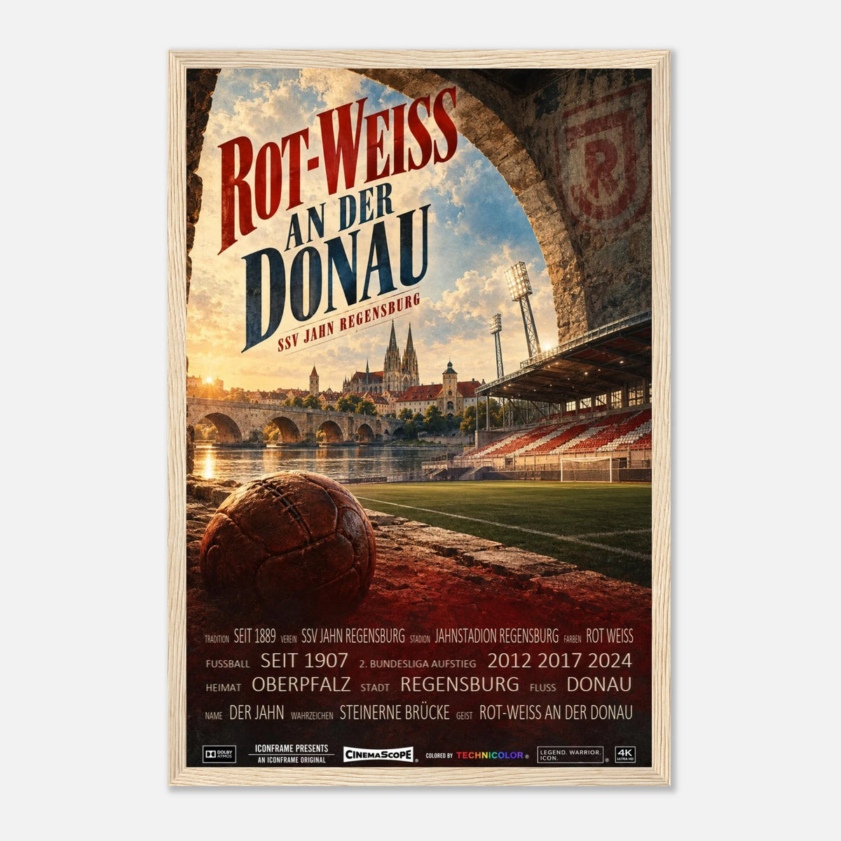 SSV Jahn Regensburg Poster „Rot-Weiss an der Donau“ – 30 × 45 cm, mit naturfarbenem Holzrahmen