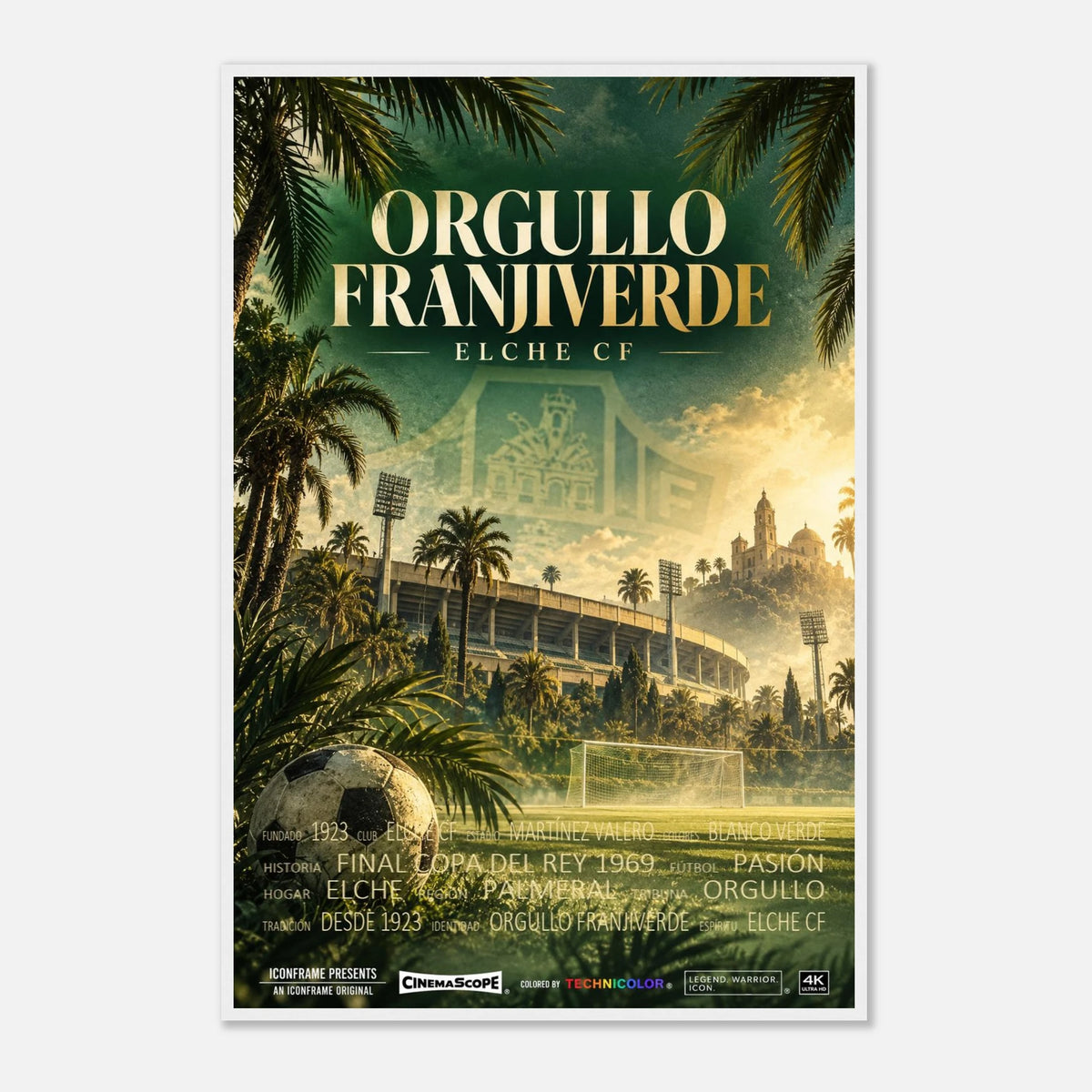 FC Elche Poster „Orgullo Franjiverde“ – 60 × 90 cm, mit weißem Holzrahmen vor hellem Hintergrund
