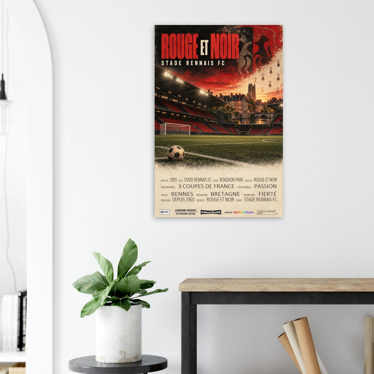 Stade Rennes Poster „Rouge et Noir“ an einer hellen Wand neben einer Pflanze und einem Tisch