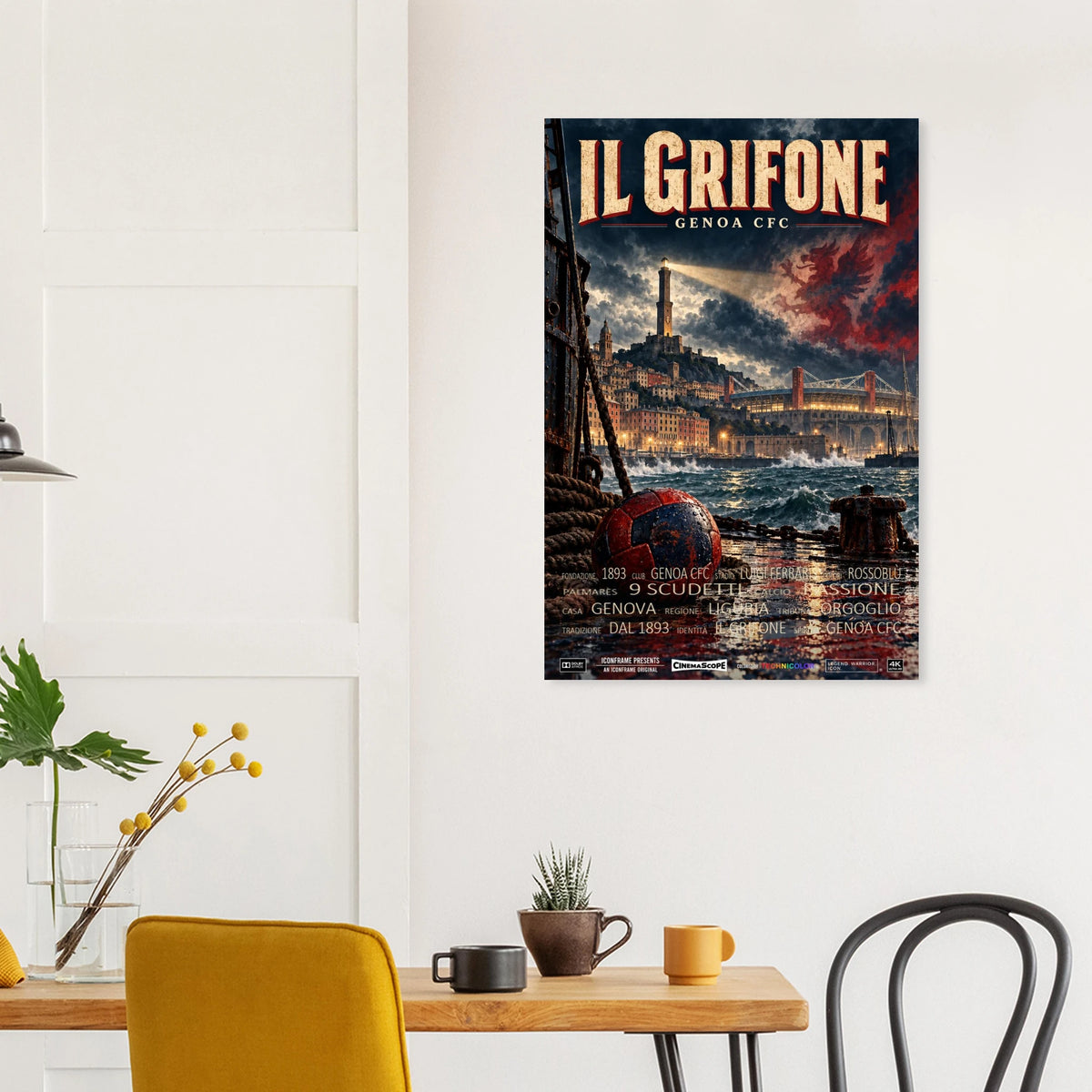 CFC Genua Poster „Il Grifone“ an einer hellen Wand über einem Esstisch