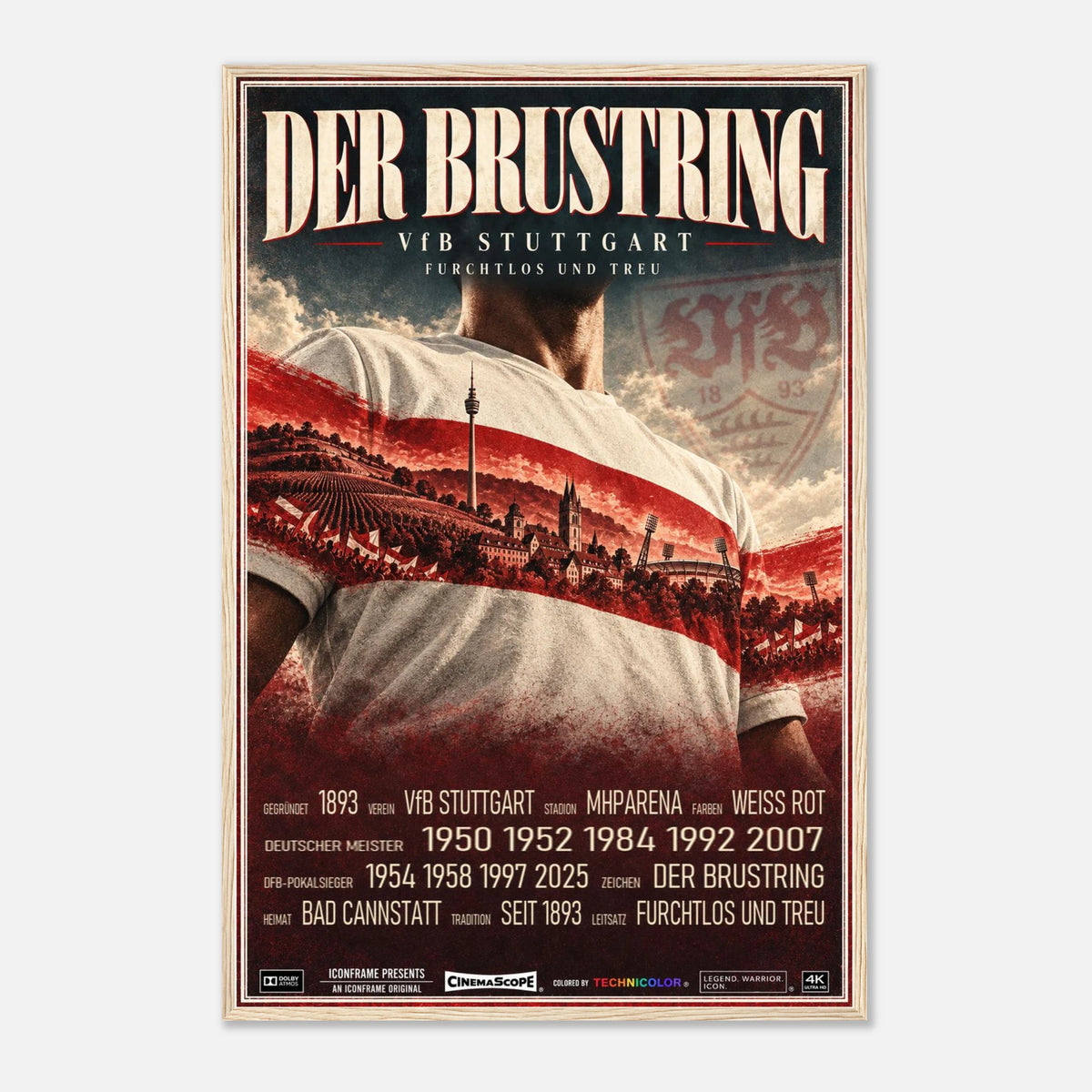 VfB Stuttgart Poster „Der Brustring“ – 60 × 90 cm, mit naturfarbenem Holzrahmen vor hellem Hintergrund