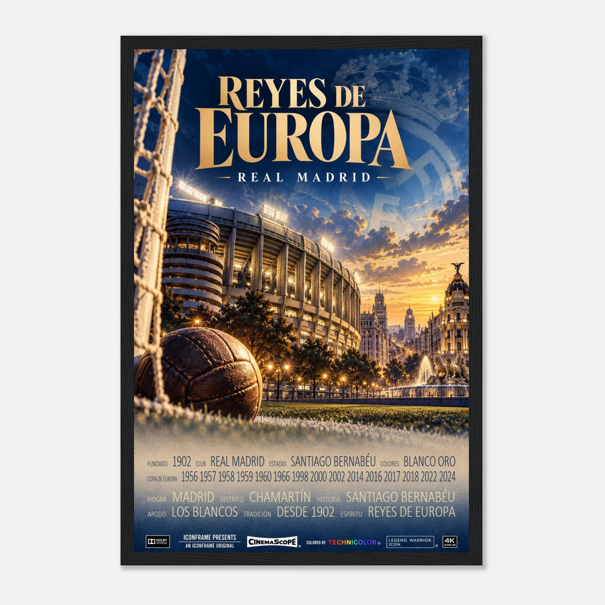 Real Madrid Poster „Reyes de Europa“ – 30 × 45 cm, mit schwarzem Holzrahmen vor hellem Hintergrund