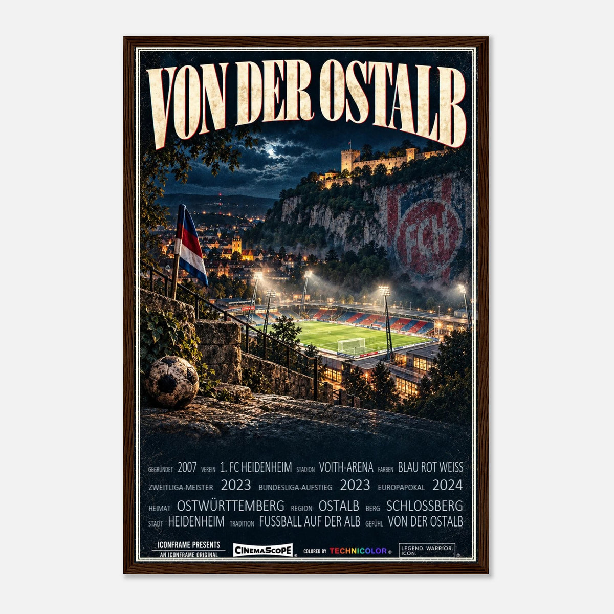 1. FC Heidenheim Poster „Von der Ostalb“ – 40 × 60 cm, mit dunkelbraunem Holzrahmen vor hellem Hintergrund