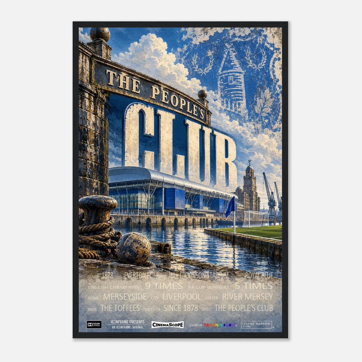Everton Poster „The People's Club“ – 40 × 60 cm, mit schwarzem Holzrahmen vor hellem Hintergrund