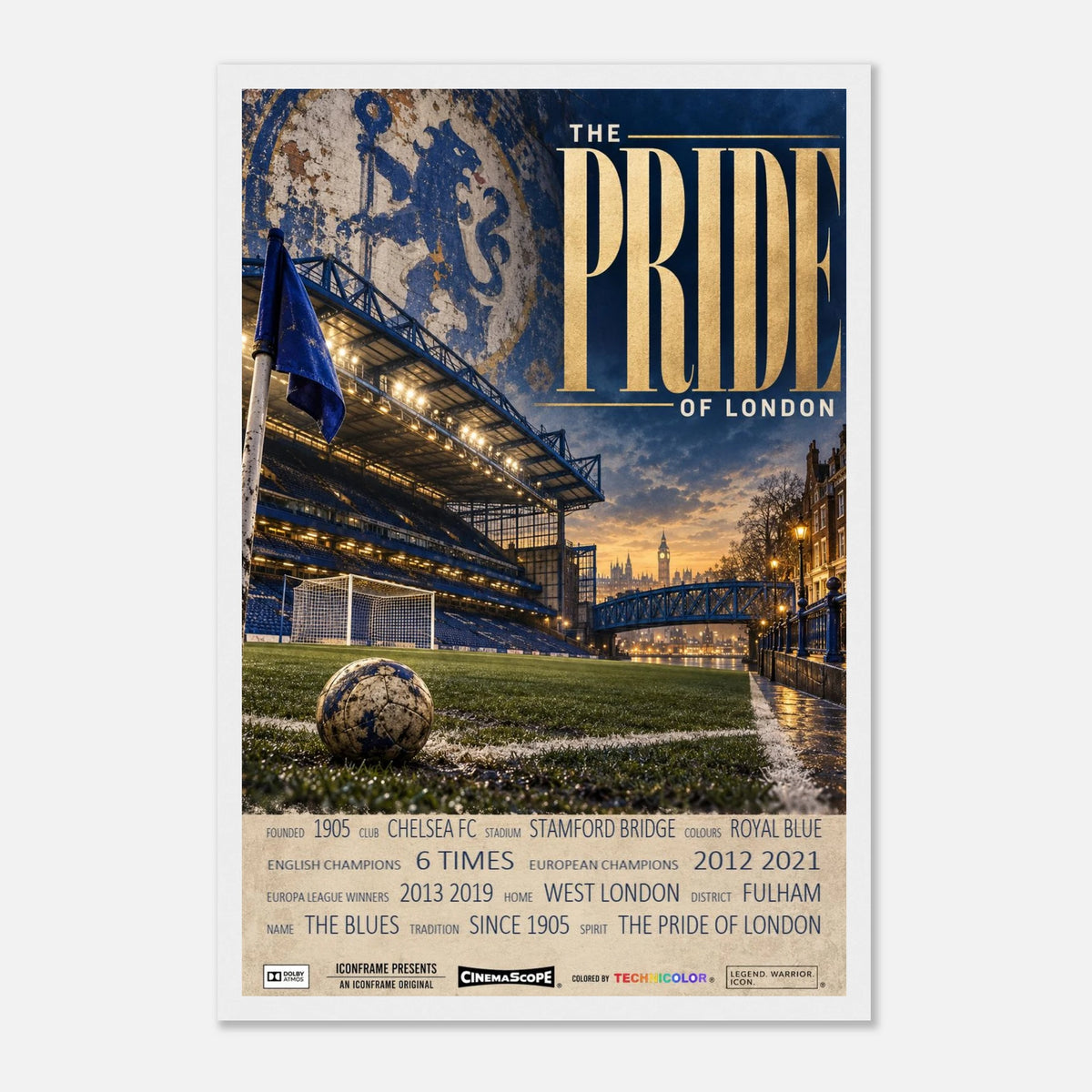 Chelsea Poster „The Pride of London“ – 30 × 45 cm, mit weißem Holzrahmen vor hellem Hintergrund
