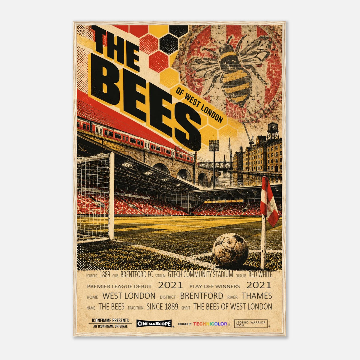 Brentford Poster „The Bees“ – 60 × 90 cm, mit naturfarbenem Holzrahmen vor hellem Hintergrund