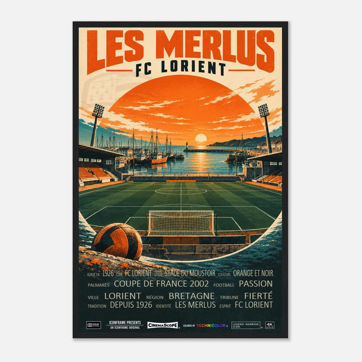 FC Lorient Poster „Les Merlus“ – 40 × 60 cm, mit schwarzem Holzrahmen