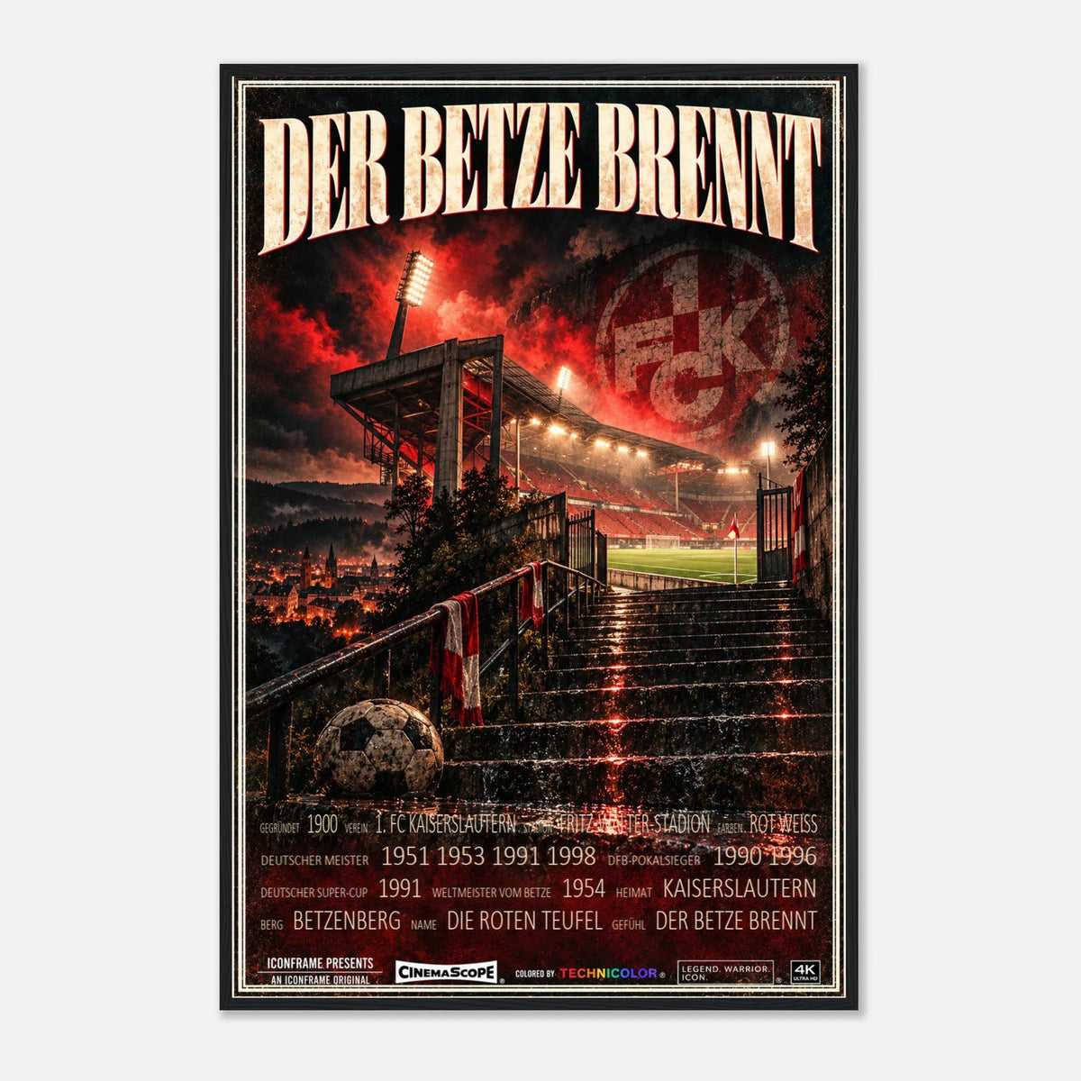 1. FC Kaiserslautern Poster „Der Betze brennt“ – 60 × 90 cm, mit schwarzem Holzrahmen vor hellem Hintergrund