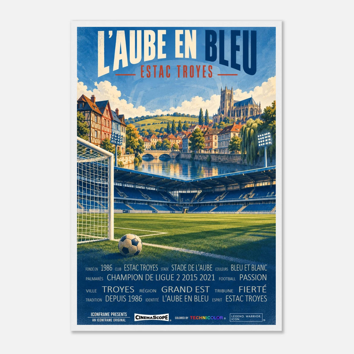 ES Troyes AC Poster „L’Aube en Bleu“ – 40 × 60 cm, mit weißem Holzrahmen