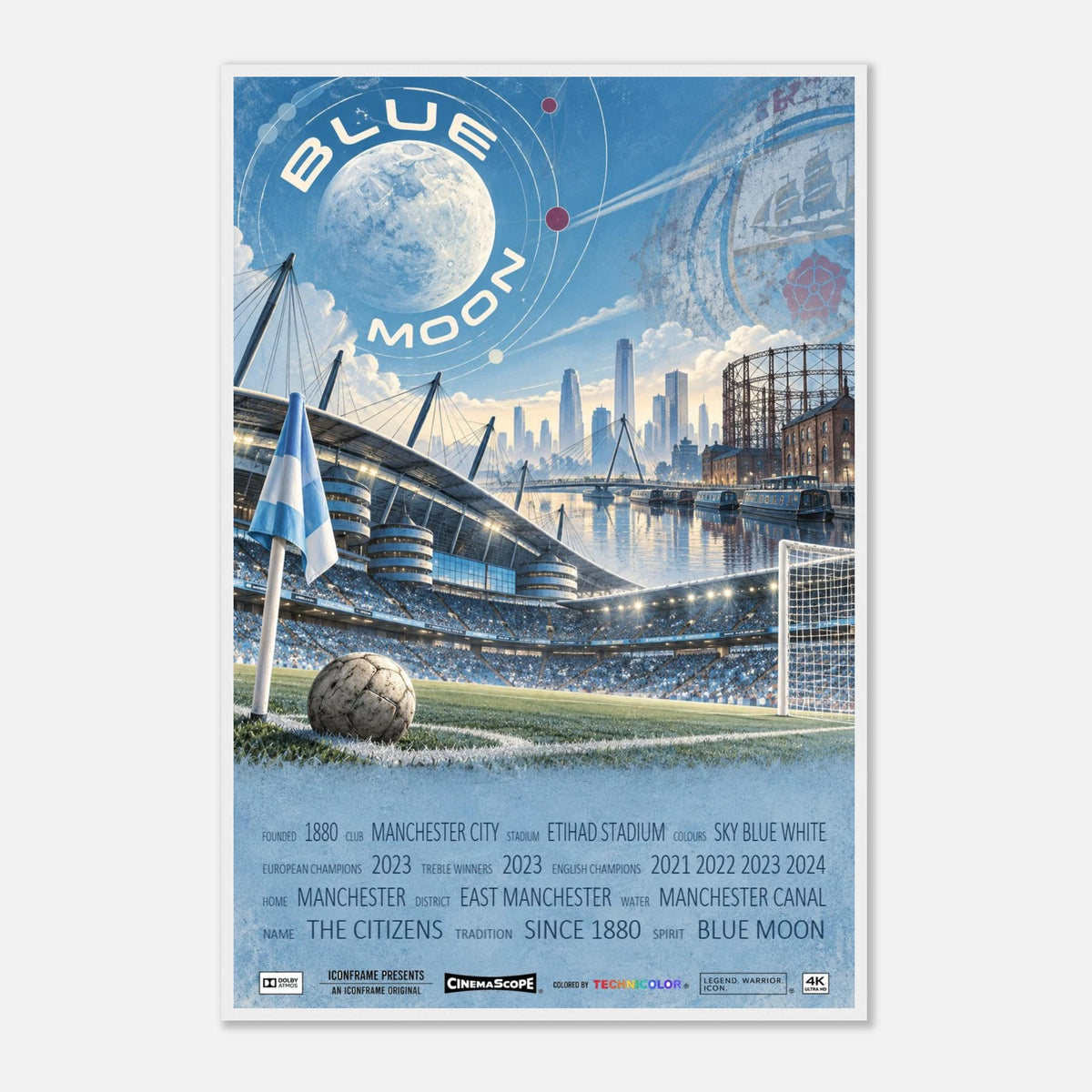 Manchester City Poster „Blue Moon“ – 60 × 90 cm, mit weißem Holzrahmen vor hellem Hintergrund