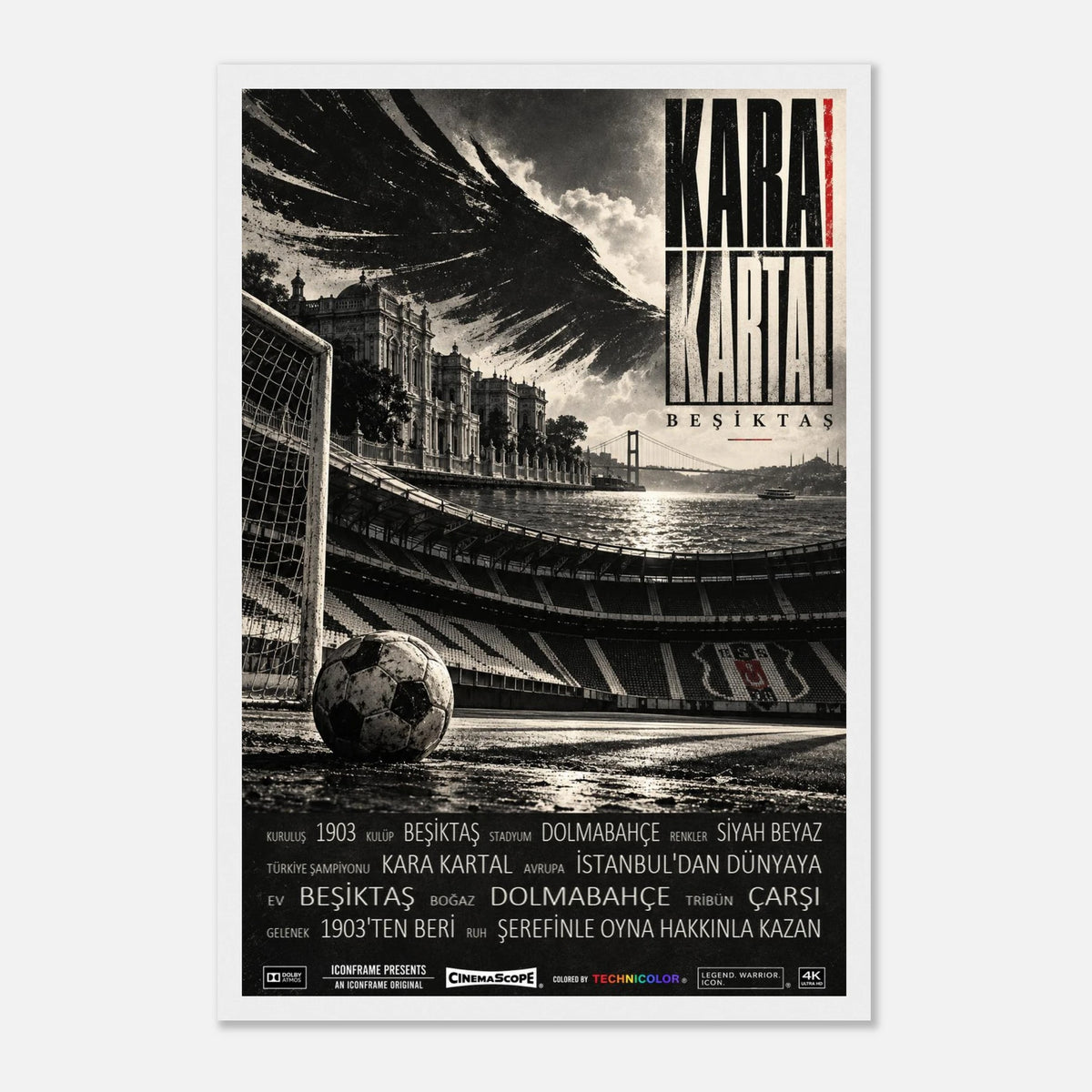 Besiktas Istanbul Poster „Kara Kartal“ – 30 × 45 cm, mit weißem Holzrahmen