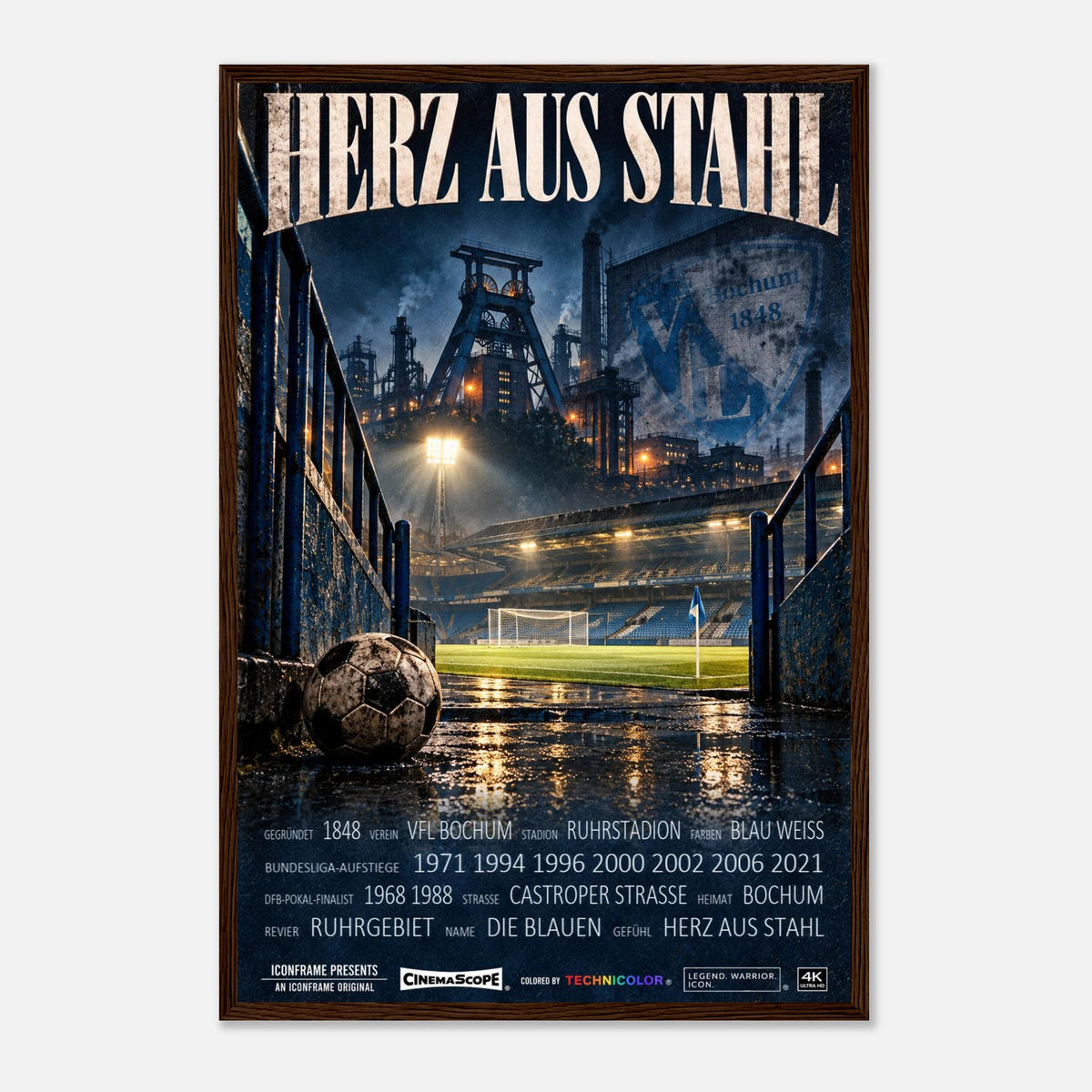 VfL Bochum Poster „Herz aus Stahl“ – 40 × 60 cm, mit dunkelbraunem Holzrahmen vor hellem Hintergrund