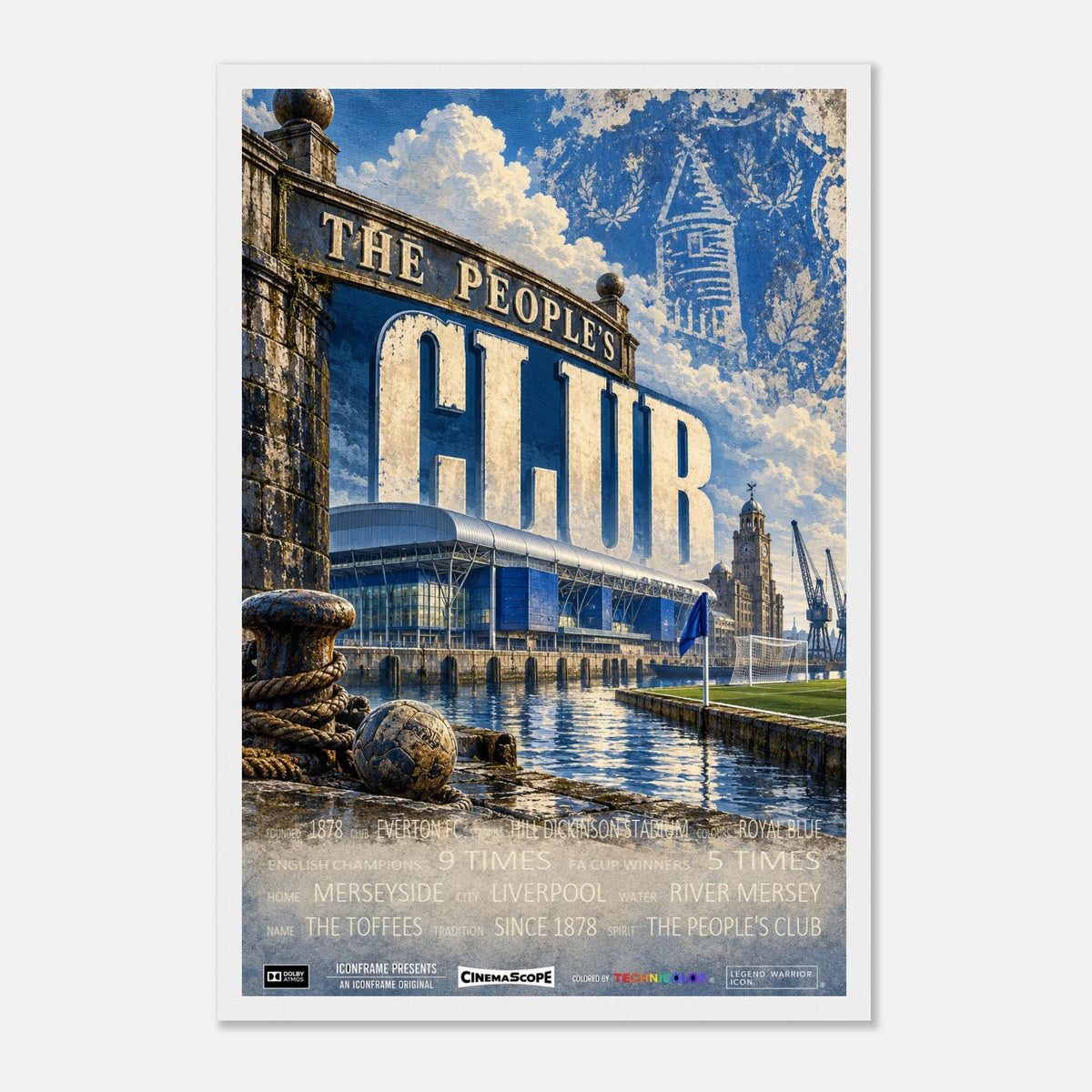 Everton Poster „The People's Club“ – 30 × 45 cm, mit weißem Holzrahmen vor hellem Hintergrund