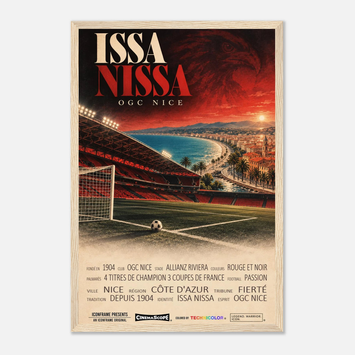 OGC Nizza Poster „Issa Nissa“ – 30 × 45 cm, mit naturfarbenem Holzrahmen