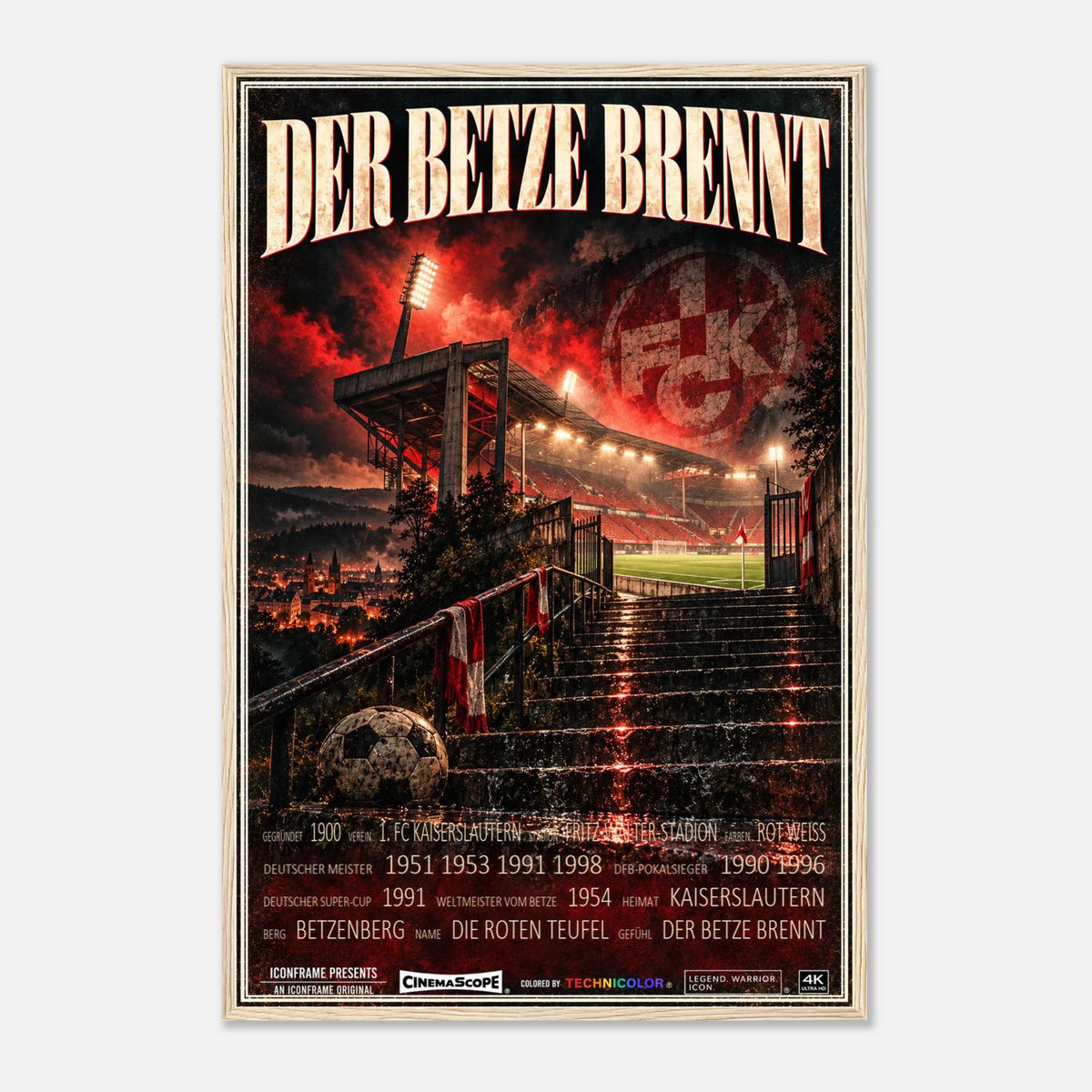 1. FC Kaiserslautern Poster „Der Betze brennt“ – 60 × 90 cm, mit naturfarbenem Holzrahmen vor hellem Hintergrund