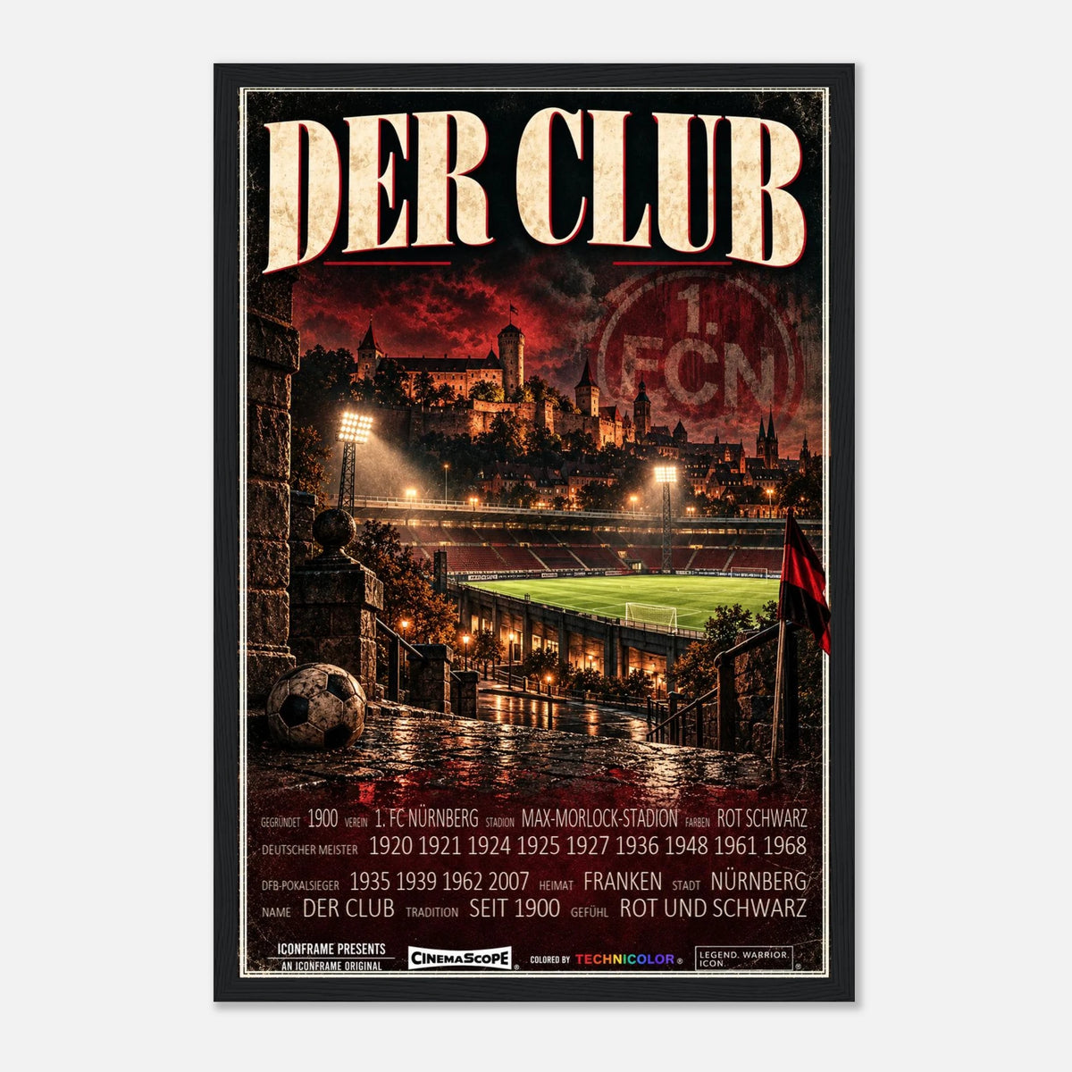 1. FC Nürnberg Poster „Der Club“ – 30 × 45 cm, mit schwarzem Holzrahmen vor hellem Hintergrund