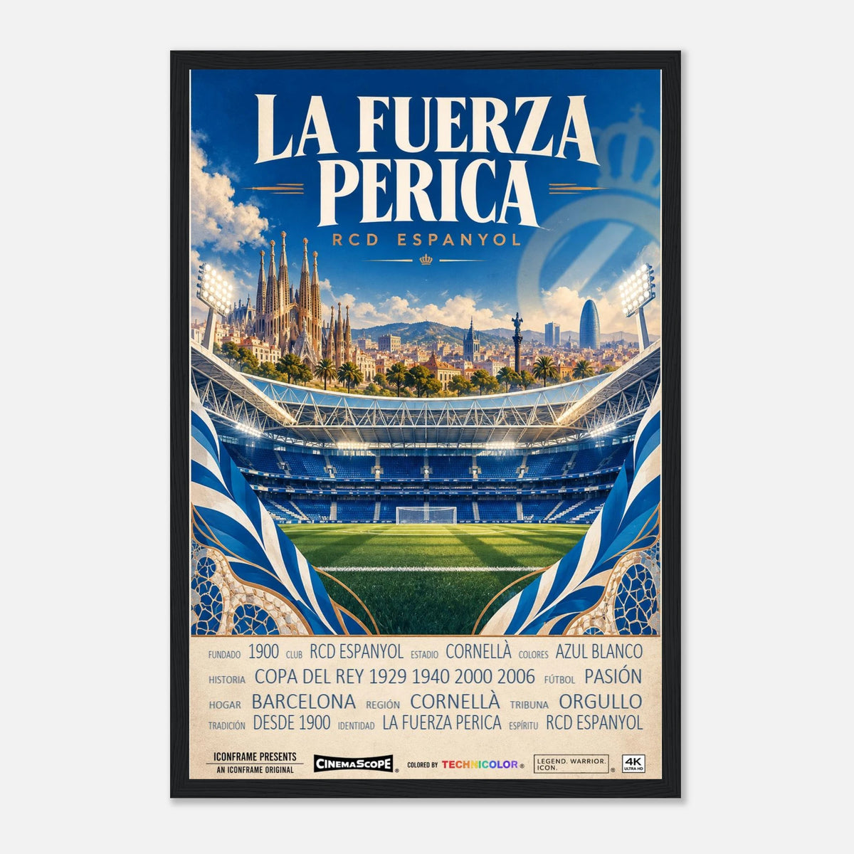 Espanyol Barcelona Poster „La Fuerza Perica“ – 30 × 45 cm, mit schwarzem Holzrahmen vor hellem Hintergrund