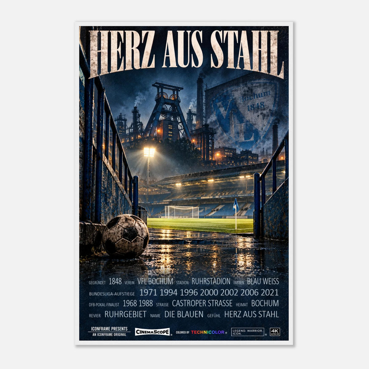 VfL Bochum Poster „Herz aus Stahl“ – 60 × 90 cm, mit weißem Holzrahmen vor hellem Hintergrund