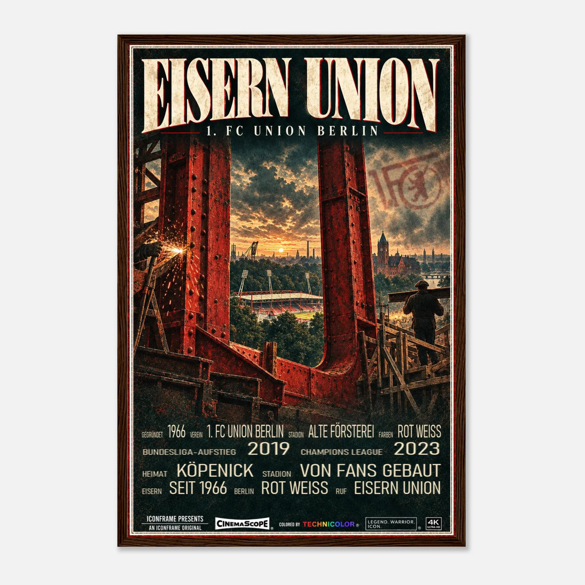 Union Berlin Poster „Eisern Union“ – 40 × 60 cm, mit dunkelbraunem Holzrahmen vor hellem Hintergrund