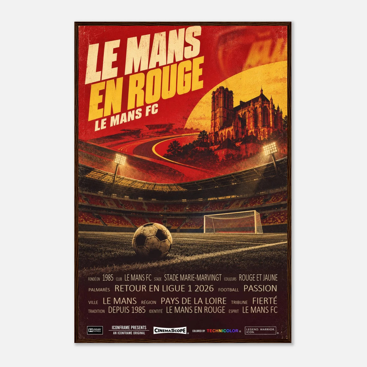 Le Mans FC Poster „Le Mans en Rouge“ – 60 × 90 cm, mit dunkelbraunem Holzrahmen