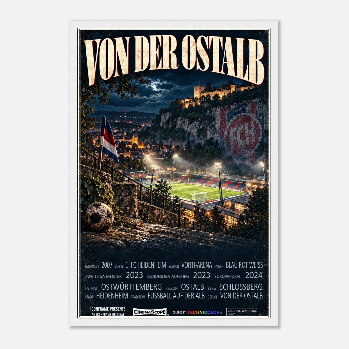 1. FC Heidenheim Poster „Von der Ostalb“ – 30 × 45 cm, mit weißem Holzrahmen vor hellem Hintergrund