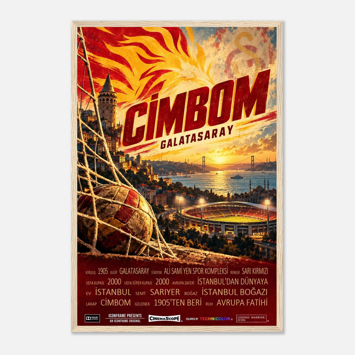 Galatasaray Istanbul Poster „Cimbom“ – 40 × 60 cm, mit naturfarbenem Holzrahmen