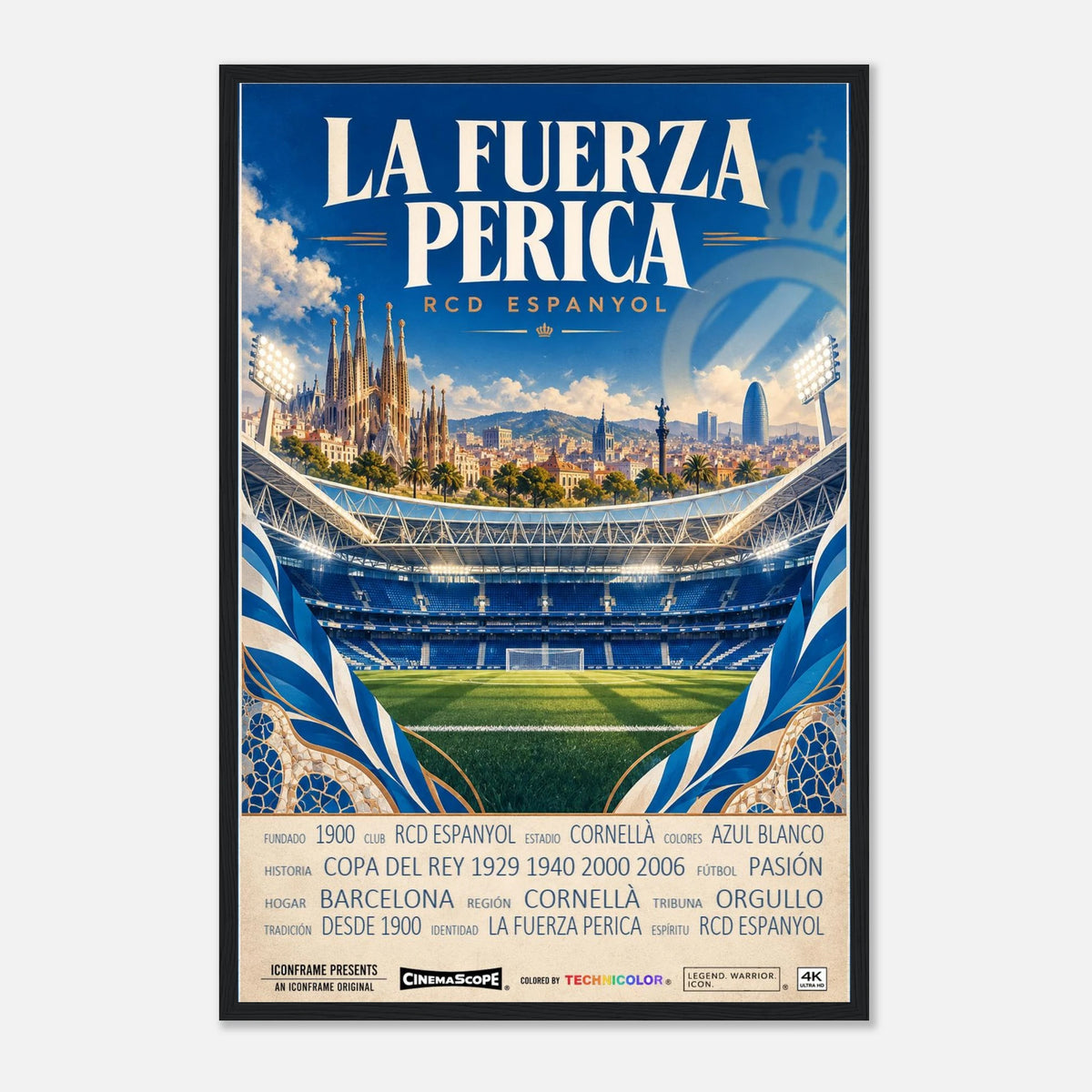 Espanyol Barcelona Poster „La Fuerza Perica“ – 40 × 60 cm, mit schwarzem Holzrahmen vor hellem Hintergrund