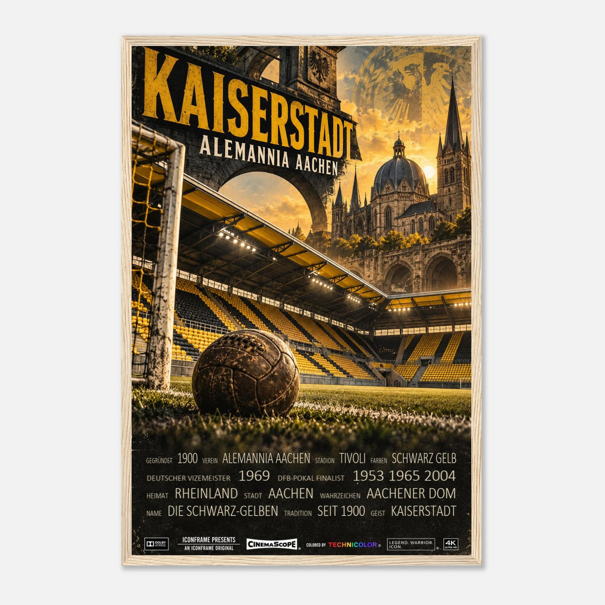 Alemannia Aachen Poster „Kaiserstadt“ – 40 × 60 cm, mit naturfarbenem Holzrahmen