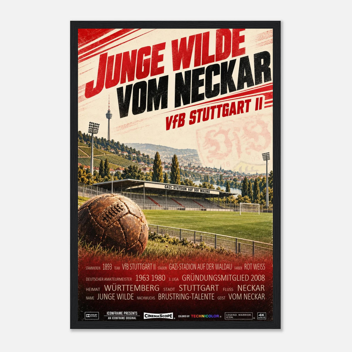 VfB Stuttgart II Poster „Junge Wilde vom Neckar“ – 30 × 45 cm, mit schwarzem Holzrahmen