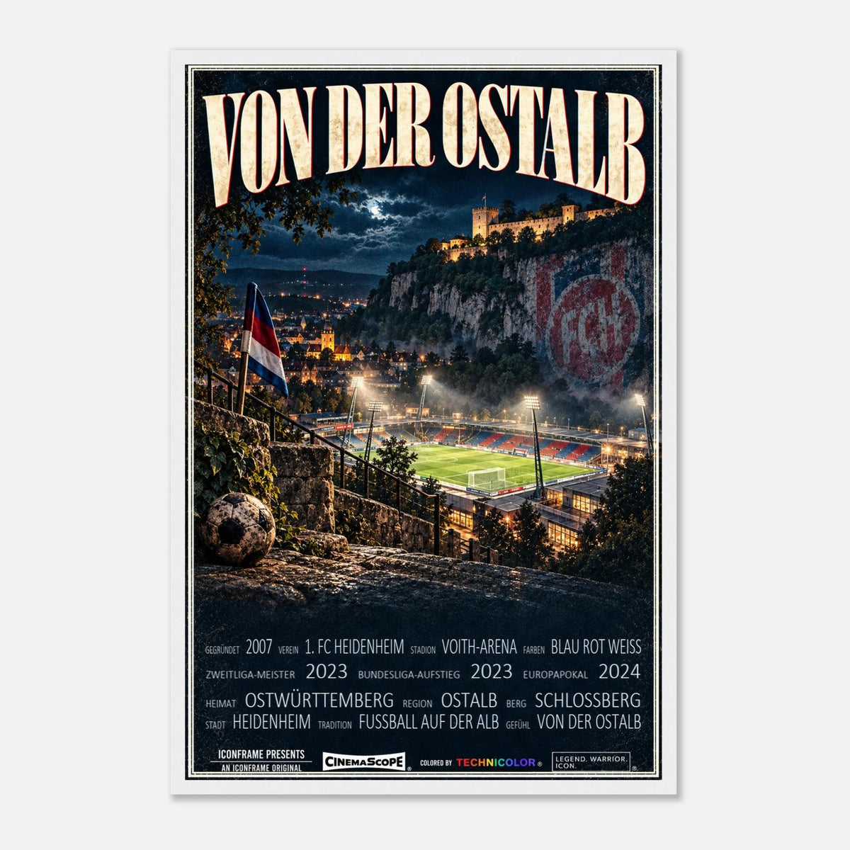 1. FC Heidenheim Poster „Von der Ostalb“ – 40 × 60 cm, mit weißem Holzrahmen vor hellem Hintergrund