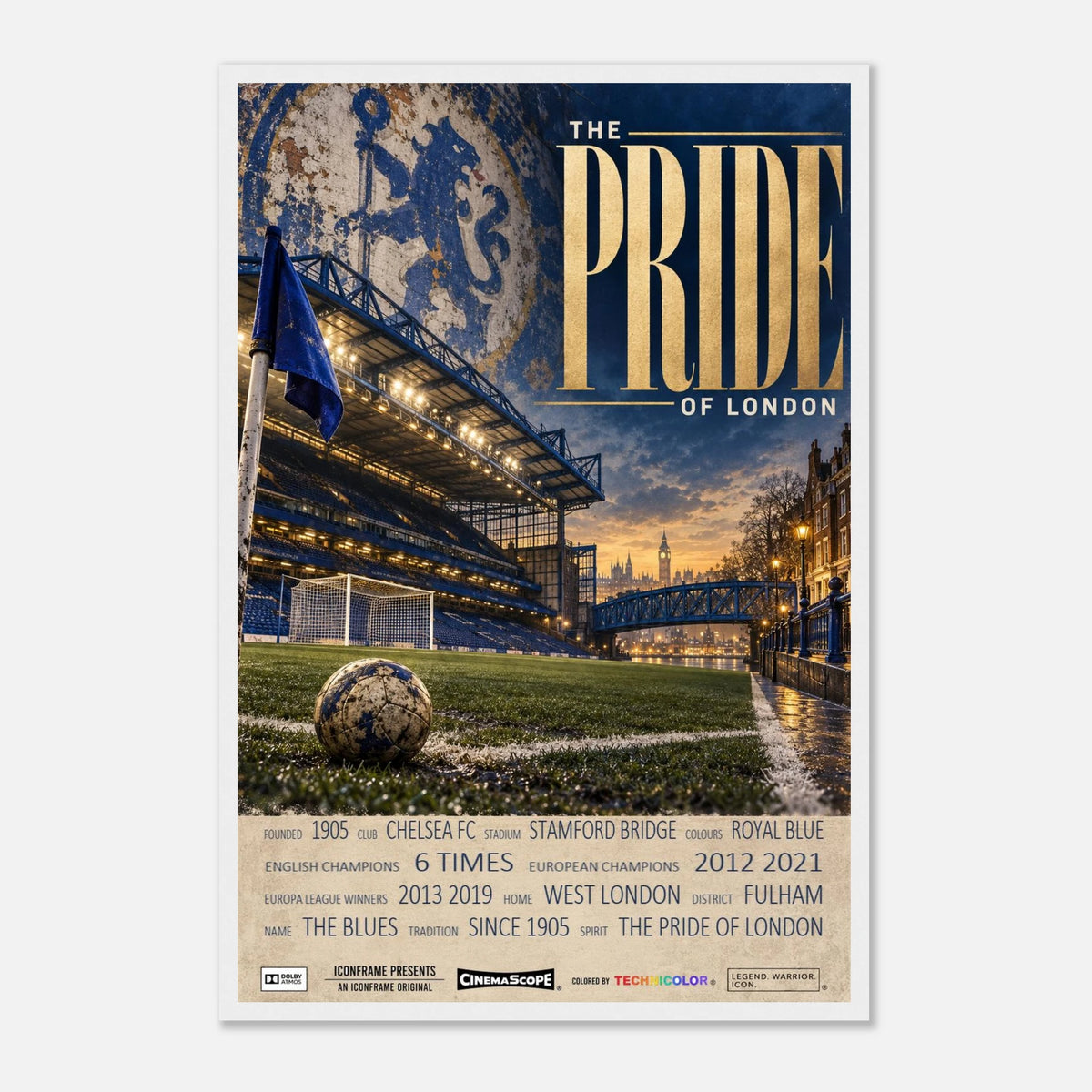 Chelsea Poster „The Pride of London“ – 40 × 60 cm, mit weißem Holzrahmen vor hellem Hintergrund