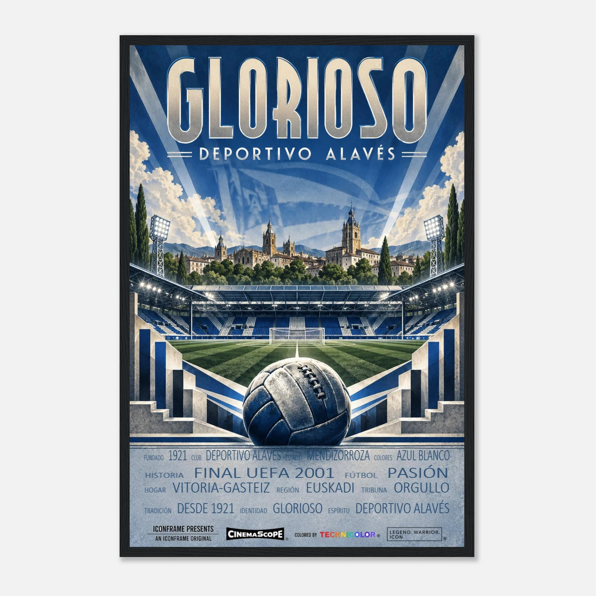 Deportivo Alavés Poster „Glorioso“ – 40 × 60 cm, mit schwarzem Holzrahmen vor hellem Hintergrund