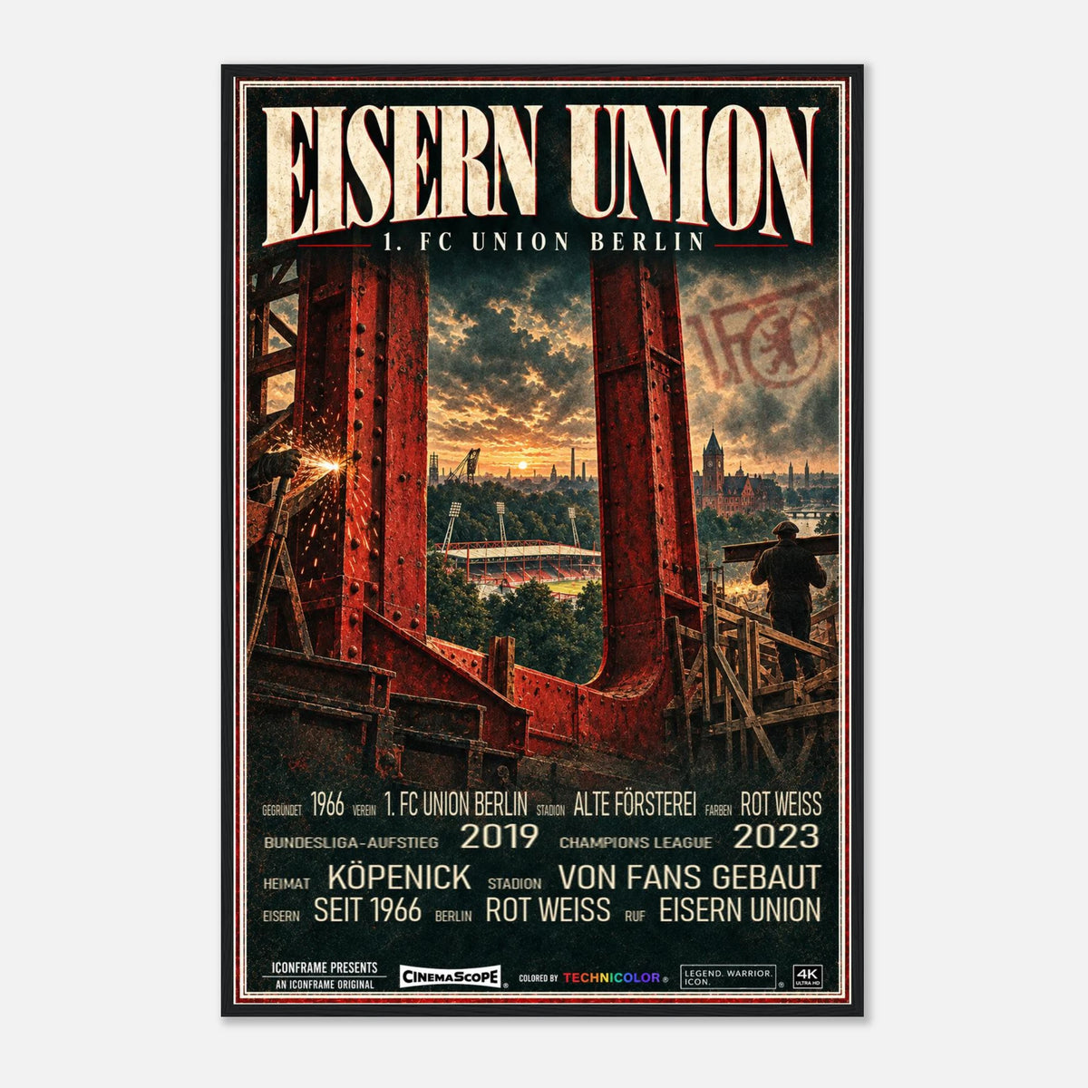 Union Berlin Poster „Eisern Union“ – 60 × 90 cm, mit schwarzem Holzrahmen vor hellem Hintergrund