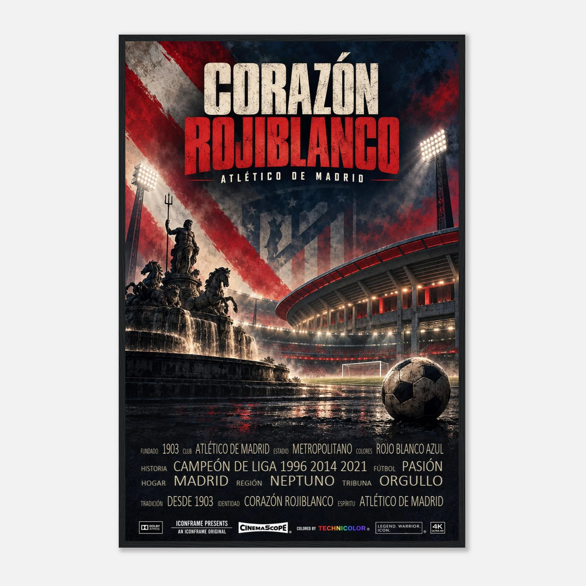 Atlético Madrid Poster „Corazón Rojiblanco“ – 60 × 90 cm, mit schwarzem Holzrahmen vor hellem Hintergrund