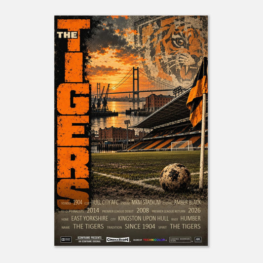Hull City Poster „The Tigers“ – 60 × 90 cm, ohne Rahmen vor hellem Hintergrund