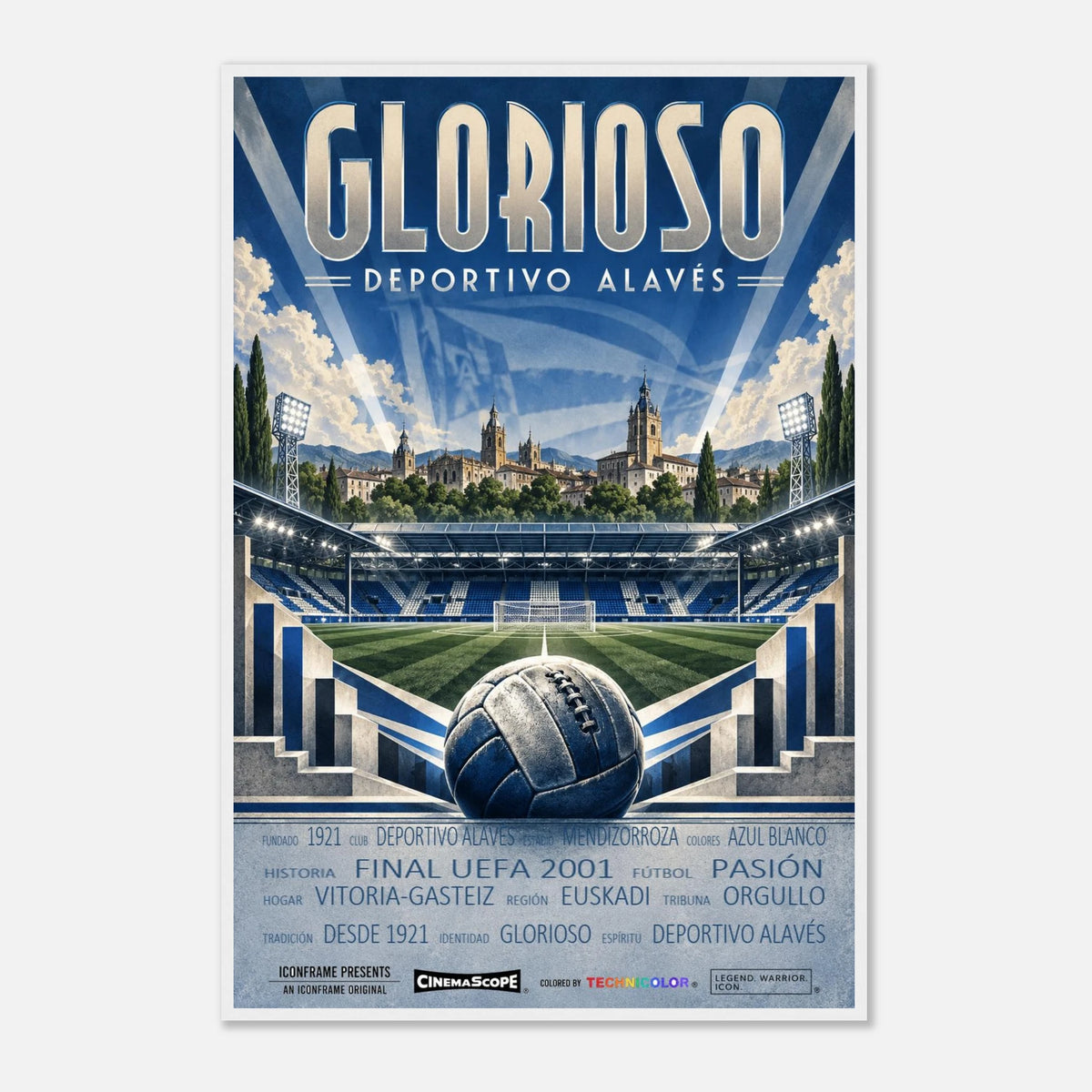 Deportivo Alavés Poster „Glorioso“ – 60 × 90 cm, mit weißem Holzrahmen vor hellem Hintergrund