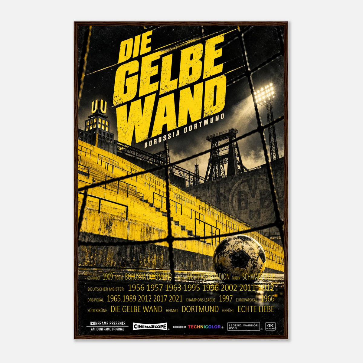 Borussia Dortmund Poster „Die gelbe Wand“ – mit dunkelbraunem Holzrahmen vor hellem Hintergrund