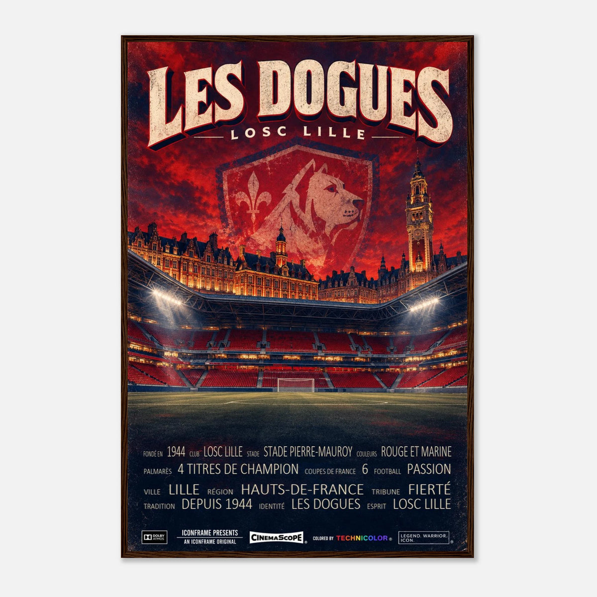LOSC Lille Poster „Les Dogues“ – 60 × 90 cm, mit dunkelbraunem Holzrahmen