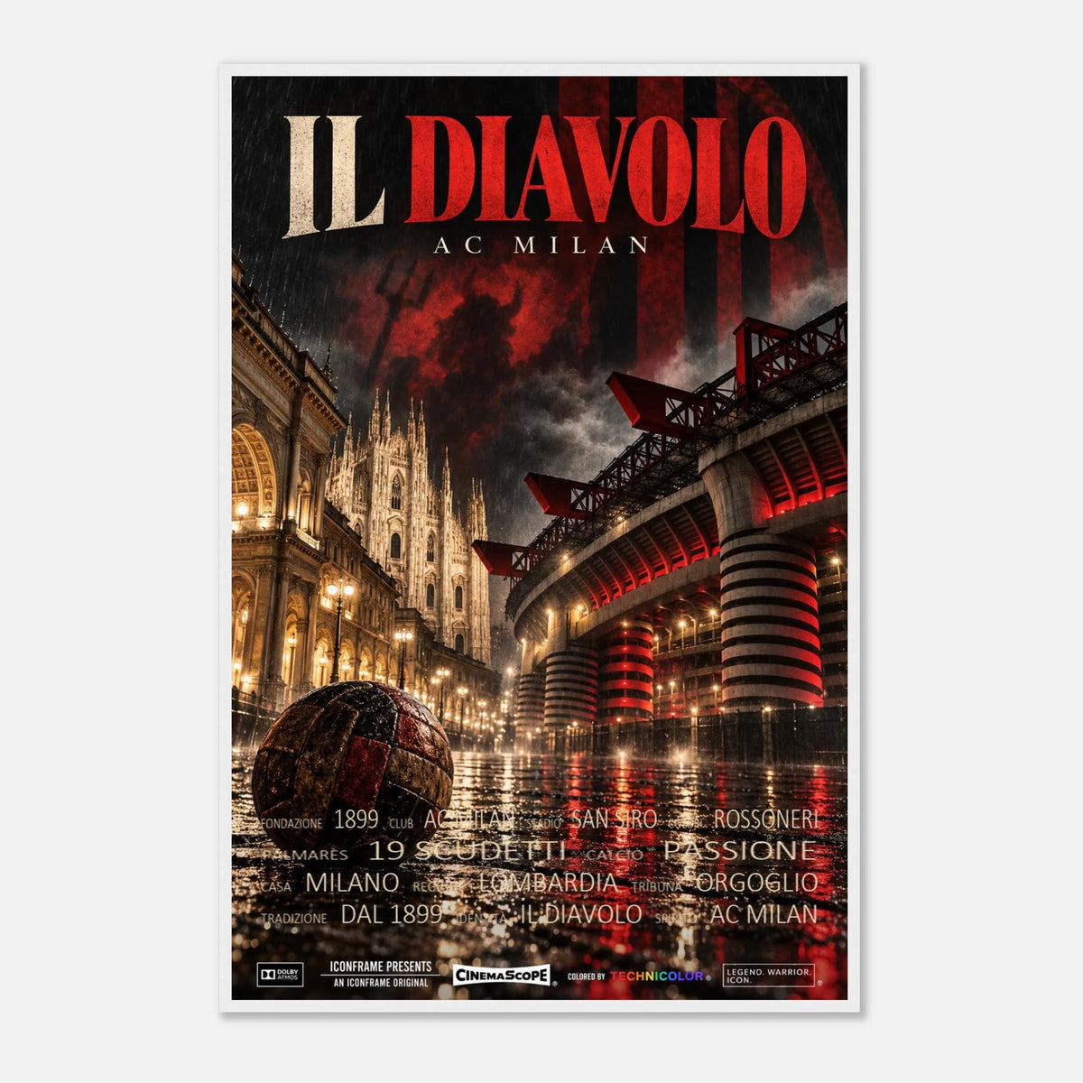 AC Mailand Poster „Il Diavolo“ – 60 × 90 cm, mit weißem Holzrahmen vor hellem Hintergrund