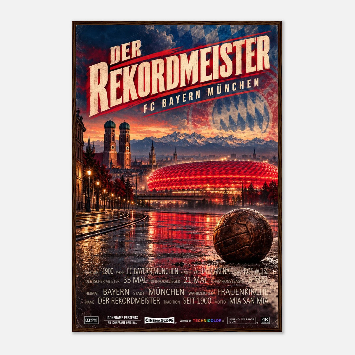 Bayern München Poster „Der Rekordmeister“ – 60 × 90 cm, mit dunkelbraunem Holzrahmen