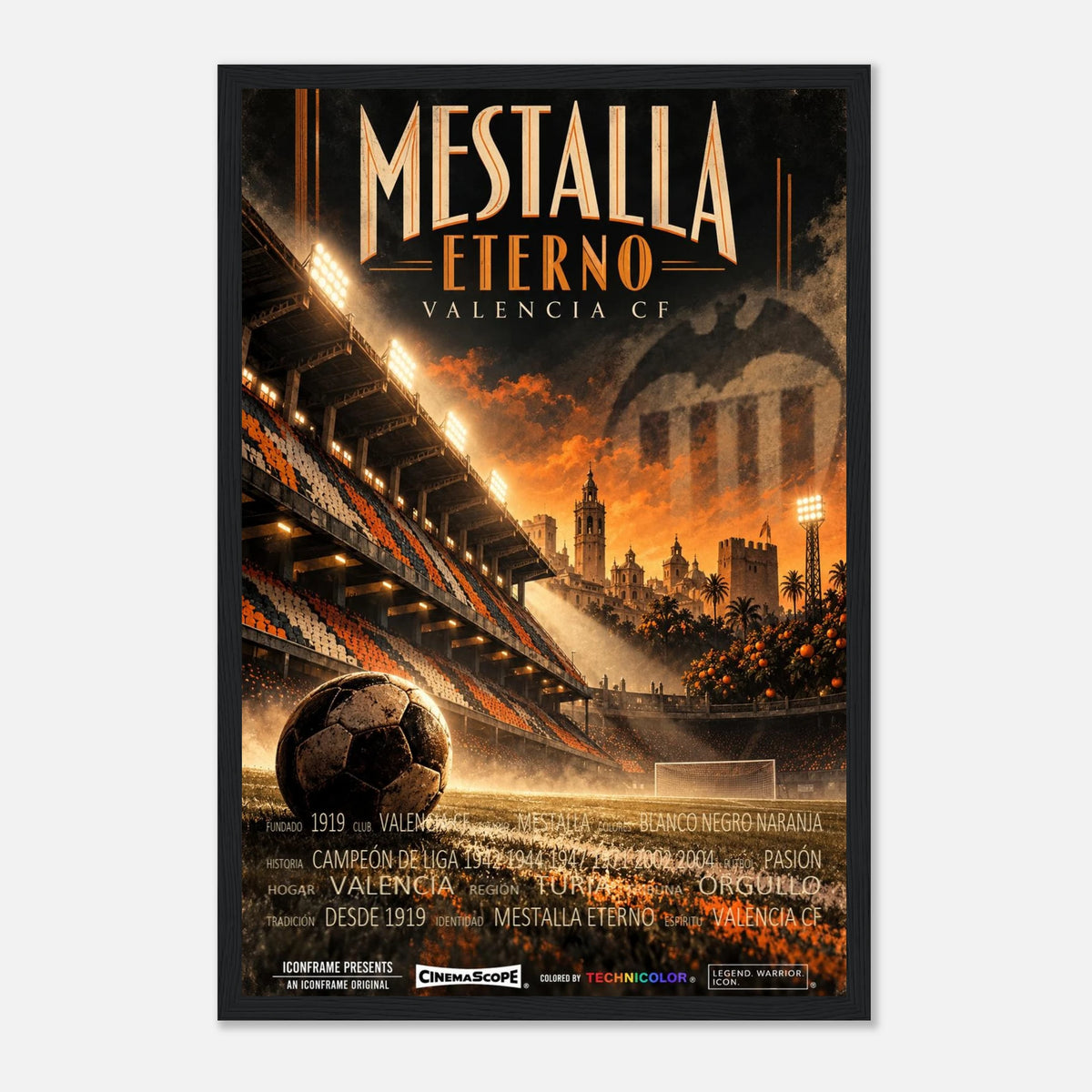 FC Valencia Poster „Mestalla Eterno“ – 30 × 45 cm, mit schwarzem Holzrahmen vor hellem Hintergrund