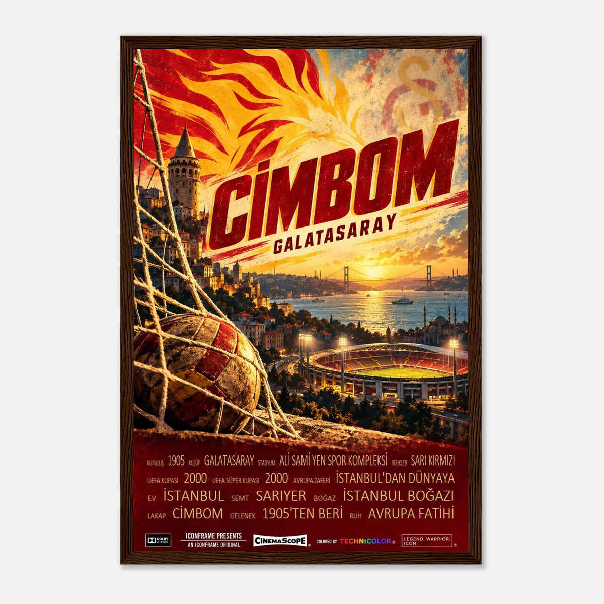 Galatasaray Istanbul Poster „Cimbom“ – 30 × 45 cm, mit dunkelbraunem Holzrahmen