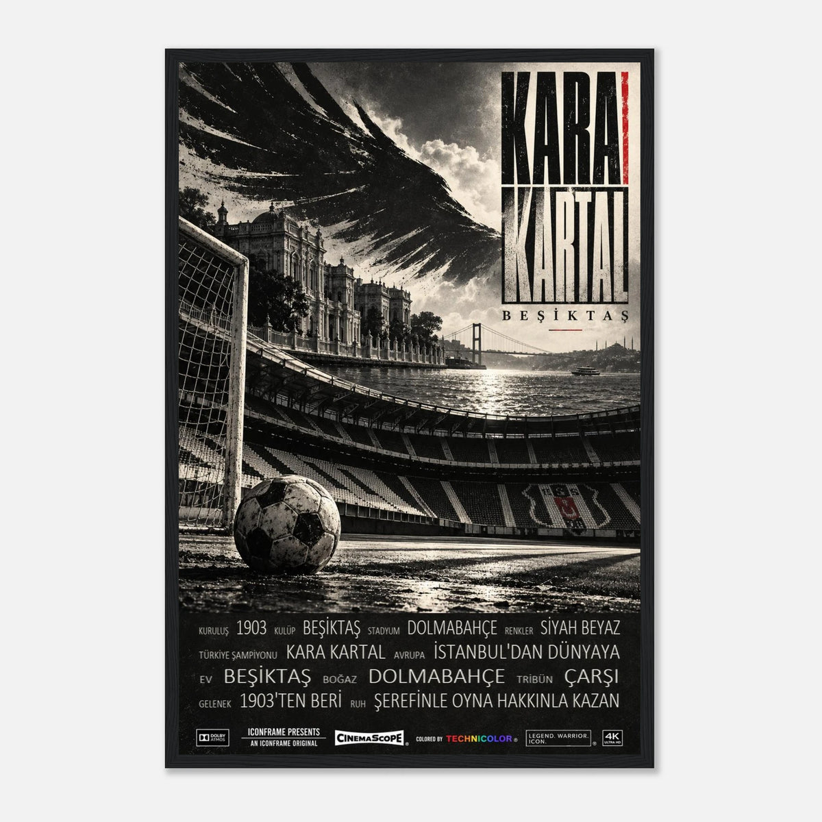 Besiktas Istanbul Poster „Kara Kartal“ – 40 × 60 cm, mit schwarzem Holzrahmen