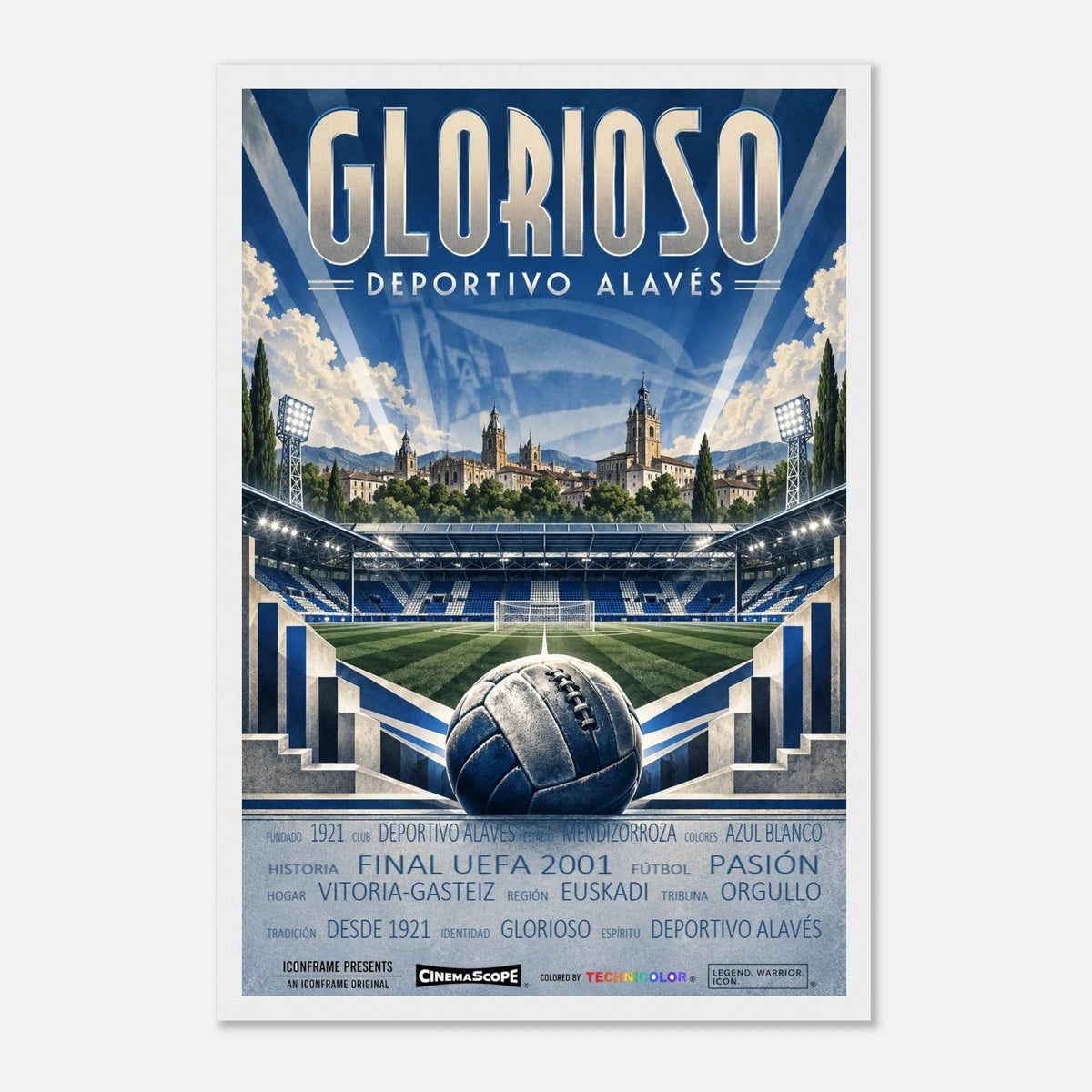 Deportivo Alavés Poster „Glorioso“ – 30 × 45 cm, mit weißem Holzrahmen vor hellem Hintergrund