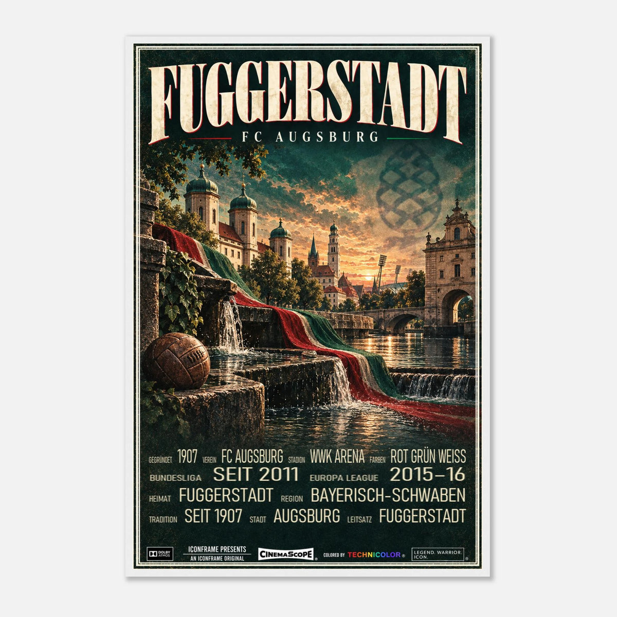 FC Augsburg Poster „Fuggerstadt“ – 60 × 90 cm, mit weißem Holzrahmen vor hellem Hintergrund