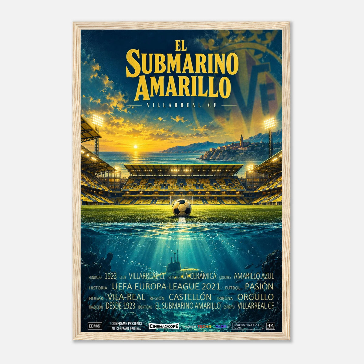 Villarreal Poster „El Submarino Amarillo“ – 30 × 45 cm, mit naturfarbenem Holzrahmen vor hellem Hintergrund